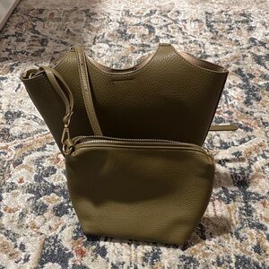Olive Green Leather Tote- Bag in a Bag